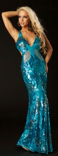 Turquoise Sequin Fitted Halter Open Back Long Dress; $338