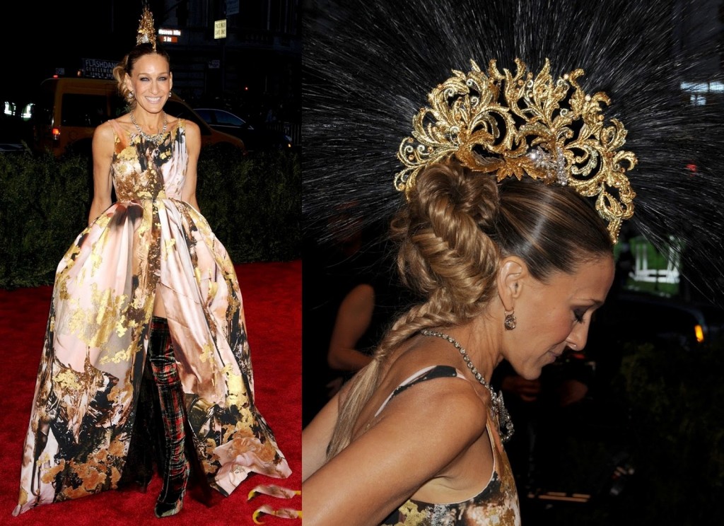 The impeccably punked out Sara Jessica Parker in a Giles Deacon dress, Philip Treacy headpiece and Louis Vuitton boots